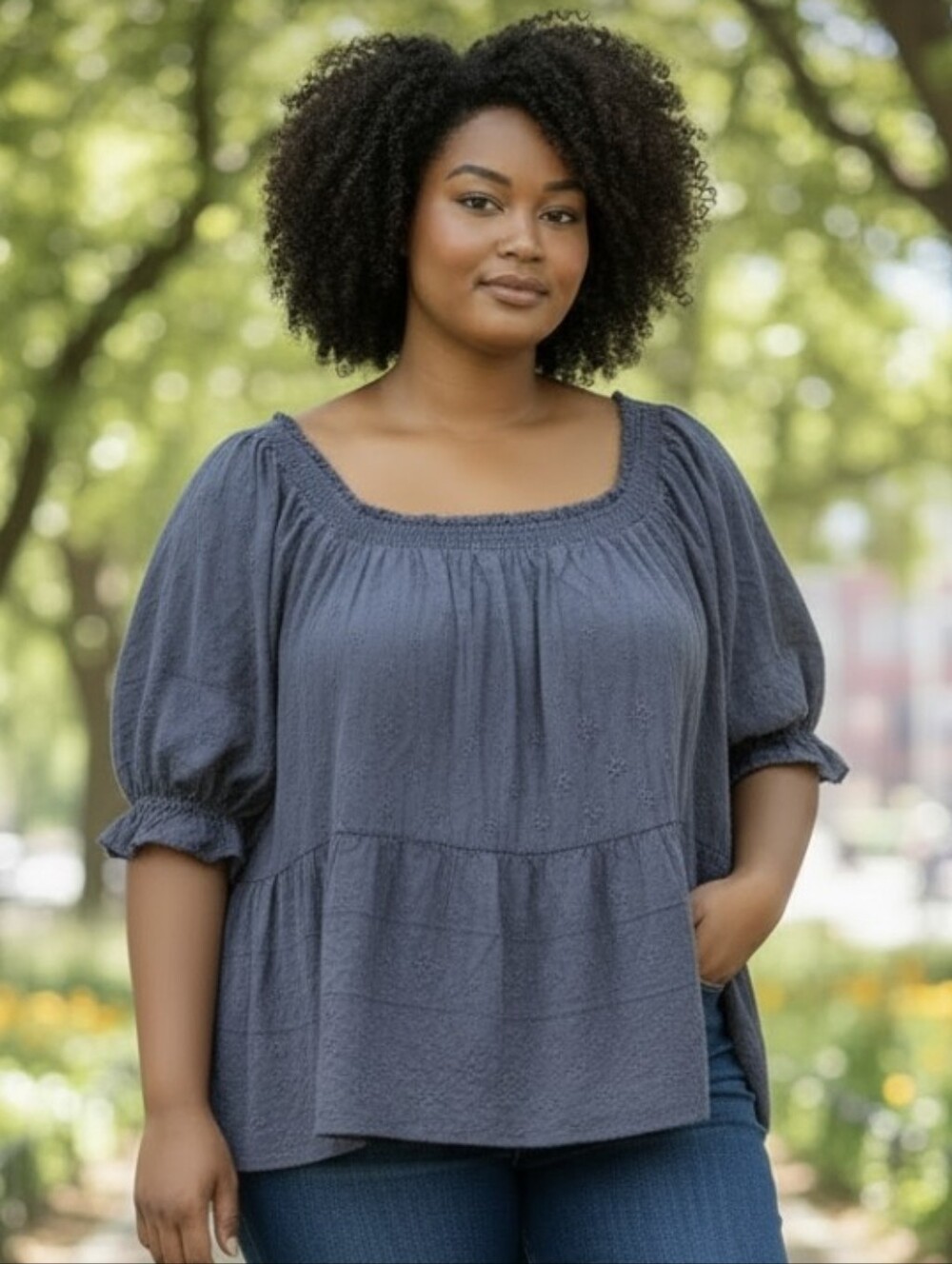 OLD NAVY Indigo Embroidered Smocked Peasant Top